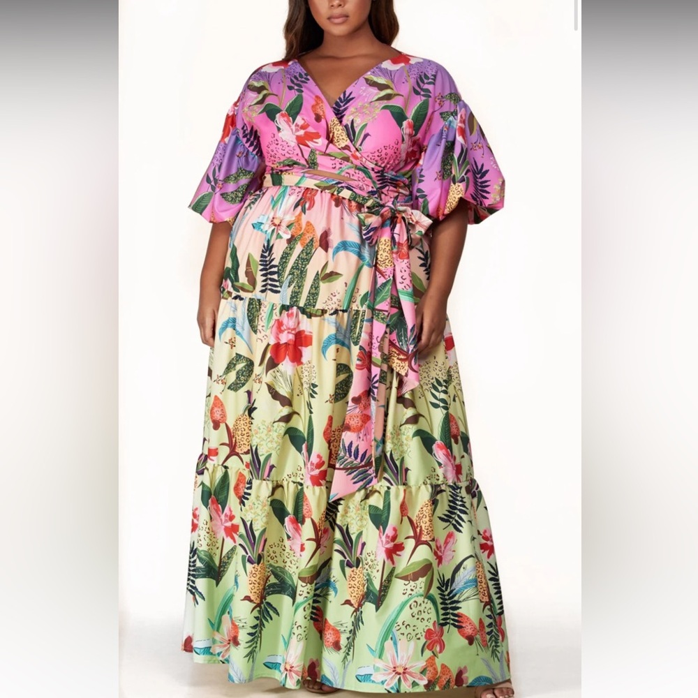 AKIRA 🌺 Tropical Adjustable Floral Ombré Maxi Dress with Tie and Puff Sleeves